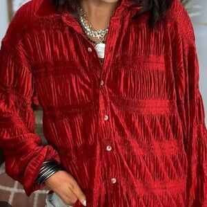 Red Velvet Button Down Shirt for Women Medium
